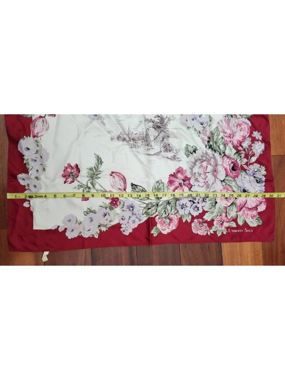 Umberto Sala Vintage Floral Silk Scarf Italy Burgundy Ivory Large Square 31"x30 - Picture 6 of 8